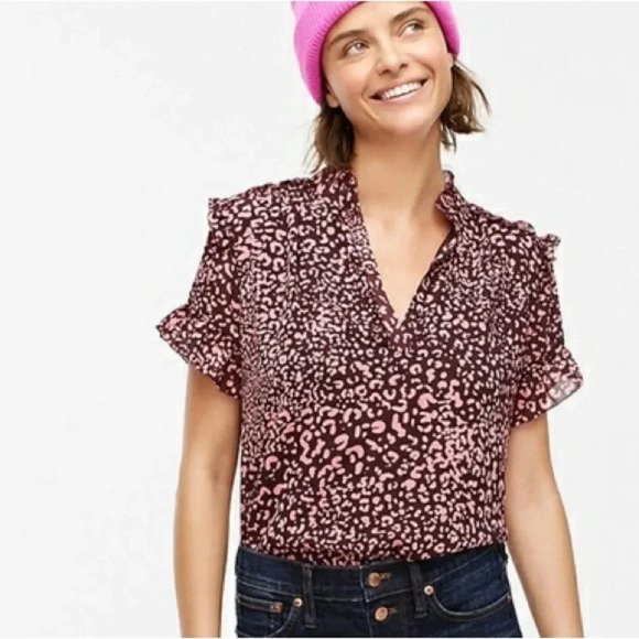 J. Crew Short-sleeve ruffle top in leopard / cheetah animal print maroon pink M - Picture 2 of 11